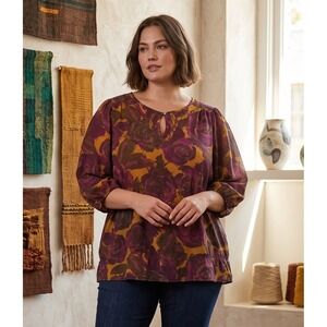 JMS Just My Size Blouse Women's 3X Floral Keyhole Boho Cottagecore Lagenlook